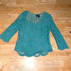 Ultra Flirt Teal See Through Top with Quarter Sleeves Size Medium